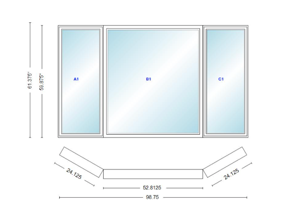Andersen 400 Series Casement Bay Window Left-Stationary-Right 98 3/4" Wide Picture With Casement Flankers 30 Degree Angle Of Deflection Vinyl Exterior Wood Interior Low-E4 Dual Pane Argon Gas