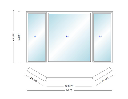 Andersen 400 Series Casement Bay Window Left-Stationary-Right 98 3/4" Wide Picture With Casement Flankers 30 Degree Angle Of Deflection Vinyl Exterior Wood Interior Low-E4 Dual Pane Argon Gas