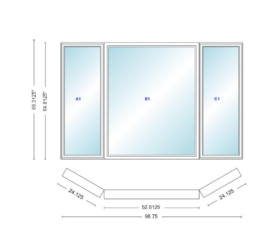 Andersen 400 Series Casement Bay Window Left-Stationary-Right 98 3/4" Wide Picture With Casement Flankers 30 Degree Angle Of Deflection Vinyl Exterior Wood Interior Low-E4 Dual Pane Argon Gas