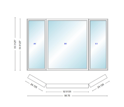 Andersen 400 Series Casement Bay Window Left-Stationary-Right 98 3/4" Wide Picture With Casement Flankers 30 Degree Angle Of Deflection Vinyl Exterior Wood Interior Low-E4 Dual Pane Argon Gas