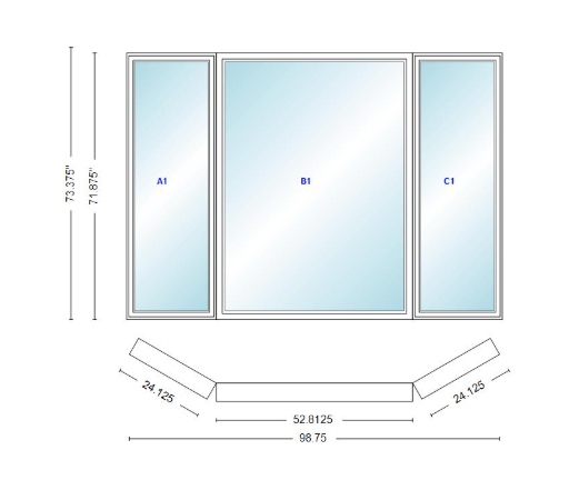 Andersen 400 Series Casement Bay Window Left-Stationary-Right 98 3/4" Wide Picture With Casement Flankers 30 Degree Angle Of Deflection Vinyl Exterior Wood Interior Low-E4 Dual Pane Argon Gas