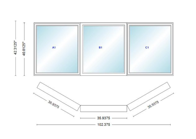 Andersen 400 Series Casement Bay Window Left-Stationary-Right 102 3/8" Wide Casement With Casement Flanker 30 Degree Angle Of Deflection Vinyl Exterior Wood Interior Low-E4 Dual Pane Argon Gas