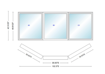 Andersen 400 Series Casement Bay Window Left-Stationary-Right 102 3/8" Wide Casement With Casement Flanker 30 Degree Angle Of Deflection Vinyl Exterior Wood Interior Low-E4 Dual Pane Argon Gas