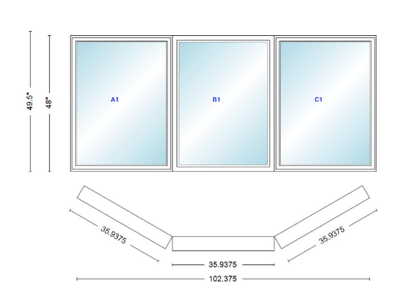 Andersen 400 Series Casement Bay Window Left-Stationary-Right 102 3/8" Wide Casement With Casement Flanker 30 Degree Angle Of Deflection Vinyl Exterior Wood Interior Low-E4 Dual Pane Argon Gas