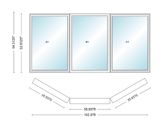 Andersen 400 Series Casement Bay Window Left-Stationary-Right 102 3/8" Wide Casement With Casement Flanker 30 Degree Angle Of Deflection Vinyl Exterior Wood Interior Low-E4 Dual Pane Argon Gas