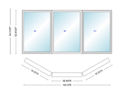 Andersen 400 Series Casement Bay Window Left-Stationary-Right 102 3/8" Wide Casement With Casement Flanker 30 Degree Angle Of Deflection Vinyl Exterior Wood Interior Low-E4 Dual Pane Argon Gas