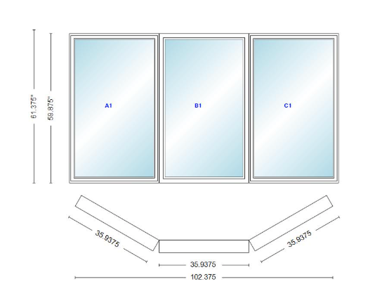 Andersen 400 Series Casement Bay Window Left-Stationary-Right 102 3/8" Wide Casement With Casement Flanker 30 Degree Angle Of Deflection Vinyl Exterior Wood Interior Low-E4 Dual Pane Argon Gas