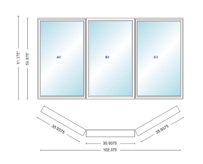 Andersen 400 Series Casement Bay Window Left-Stationary-Right 102 3/8" Wide Casement With Casement Flanker 30 Degree Angle Of Deflection Vinyl Exterior Wood Interior Low-E4 Dual Pane Argon Gas
