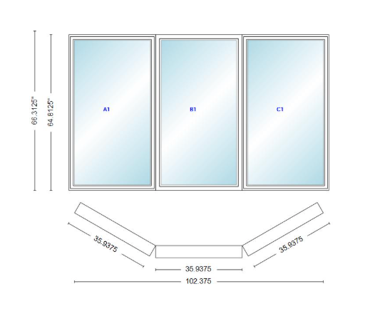 Andersen 400 Series Casement Bay Window Left-Stationary-Right 102 3/8" Wide Casement With Casement Flanker 30 Degree Angle Of Deflection Vinyl Exterior Wood Interior Low-E4 Dual Pane Argon Gas