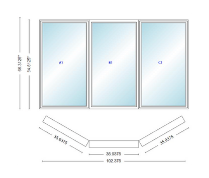 Andersen 400 Series Casement Bay Window Left-Stationary-Right 102 3/8" Wide Casement With Casement Flanker 30 Degree Angle Of Deflection Vinyl Exterior Wood Interior Low-E4 Dual Pane Argon Gas