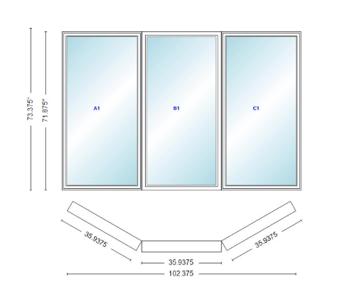 Andersen 400 Series Casement Bay Window Left-Stationary-Right 102 3/8" Wide Casement With Casement Flanker 30 Degree Angle Of Deflection Vinyl Exterior Wood Interior Low-E4 Dual Pane Argon Gas