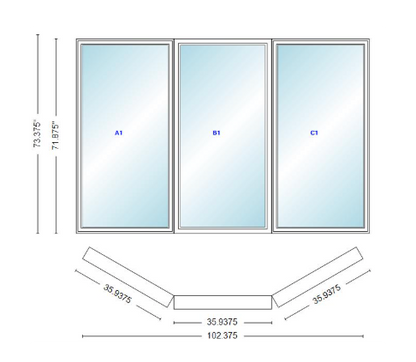 Andersen 400 Series Casement Bay Window Left-Stationary-Right 102 3/8" Wide Casement With Casement Flanker 30 Degree Angle Of Deflection Vinyl Exterior Wood Interior Low-E4 Dual Pane Argon Gas