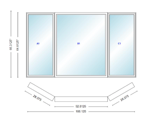 Andersen 400 Series Casement Bay Window Left-Stationary-Right 106 1/8" Wide Picture With Casement Flankers 30 Degree Angle Of Deflection Vinyl Exterior Wood Interior Low-E4 Dual Pane Argon Gas