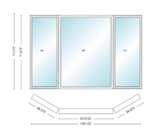 Andersen 400 Series Casement Bay Window Left-Stationary-Right 106 1/8" Wide Picture With Casement Flankers 30 Degree Angle Of Deflection Vinyl Exterior Wood Interior Low-E4 Dual Pane Argon Gas