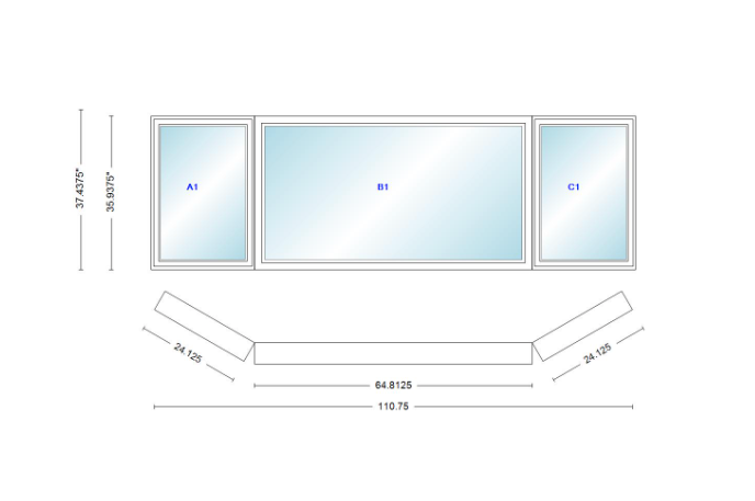 Andersen 400 Series Casement Bay Window Left-Stationary-Right 110 3/4" Wide Picture With Casement Flankers 30 Degree Angle Of Deflection Vinyl Exterior Wood Interior Low-E4 Dual Pane Argon Gas