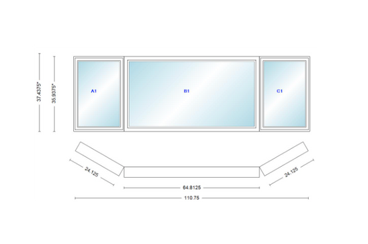 Andersen 400 Series Casement Bay Window Left-Stationary-Right 110 3/4" Wide Picture With Casement Flankers 30 Degree Angle Of Deflection Vinyl Exterior Wood Interior Low-E4 Dual Pane Argon Gas