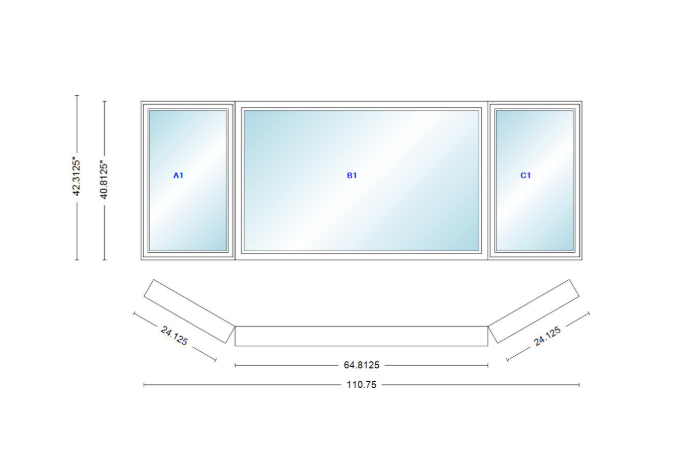 Andersen 400 Series Casement Bay Window Left-Stationary-Right 110 3/4" Wide Picture With Casement Flankers 30 Degree Angle Of Deflection Vinyl Exterior Wood Interior Low-E4 Dual Pane Argon Gas