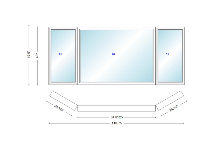 Andersen 400 Series Casement Bay Window Left-Stationary-Right 110 3/4" Wide Picture With Casement Flankers 30 Degree Angle Of Deflection Vinyl Exterior Wood Interior Low-E4 Dual Pane Argon Gas