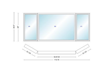 Andersen 400 Series Casement Bay Window Left-Stationary-Right 110 3/4" Wide Picture With Casement Flankers 30 Degree Angle Of Deflection Vinyl Exterior Wood Interior Low-E4 Dual Pane Argon Gas