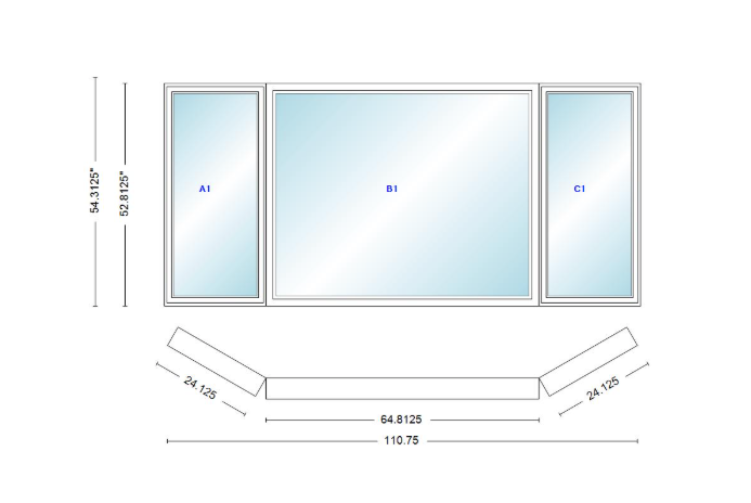 Andersen 400 Series Casement Bay Window Left-Stationary-Right 110 3/4" Wide Picture With Casement Flankers 30 Degree Angle Of Deflection Vinyl Exterior Wood Interior Low-E4 Dual Pane Argon Gas