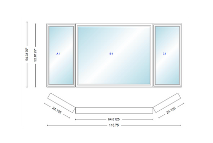 Andersen 400 Series Casement Bay Window Left-Stationary-Right 110 3/4" Wide Picture With Casement Flankers 30 Degree Angle Of Deflection Vinyl Exterior Wood Interior Low-E4 Dual Pane Argon Gas