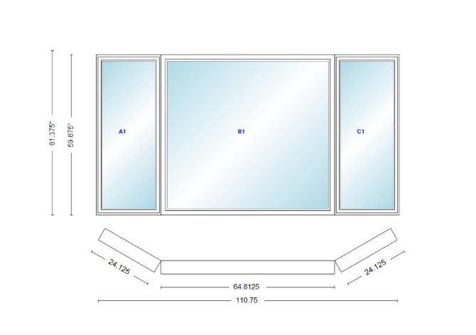 Andersen 400 Series Casement Bay Window Left-Stationary-Right 110 3/4" Wide Picture With Casement Flankers 30 Degree Angle Of Deflection Vinyl Exterior Wood Interior Low-E4 Dual Pane Argon Gas