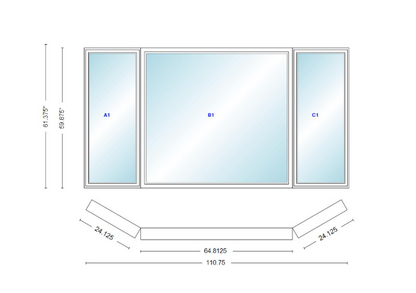 Andersen 400 Series Casement Bay Window Left-Stationary-Right 110 3/4" Wide Picture With Casement Flankers 30 Degree Angle Of Deflection Vinyl Exterior Wood Interior Low-E4 Dual Pane Argon Gas