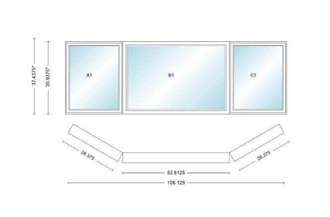 Andersen 400 Series Casement Bay Window Left-Stationary-Right 106 1/8" Wide Picture With Casement Flankers 30 Degree Angle Of Deflection Vinyl Exterior Wood Interior Low-E4 Dual Pane Argon Gas