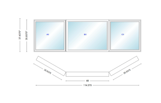 Andersen 400 Series Casement Bay Window Left-Stationary-Right 114 3/8" Wide Picture with Casement Flankers 30 Degree Angle Of Deflection Vinyl Exterior Wood Interior Low-E4 Dual Pane Argon Gas