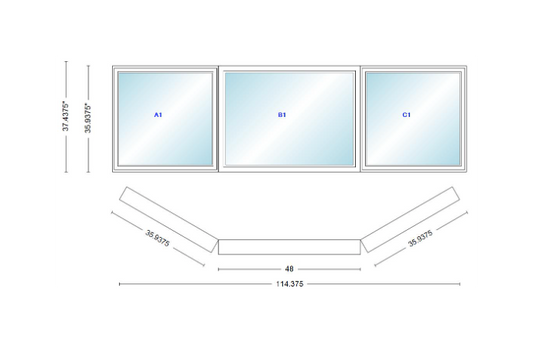 Andersen 400 Series Casement Bay Window Left-Stationary-Right 114 3/8" Wide Picture with Casement Flankers 30 Degree Angle Of Deflection Vinyl Exterior Wood Interior Low-E4 Dual Pane Argon Gas