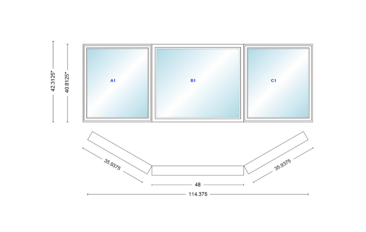 Andersen 400 Series Casement Bay Window Left-Stationary-Right 114 3/8" Wide Picture with Casement Flankers 30 Degree Angle Of Deflection Vinyl Exterior Wood Interior Low-E4 Dual Pane Argon Gas