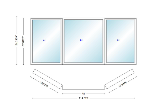 Andersen 400 Series Casement Bay Window Left-Stationary-Right 114 3/8" Wide Picture with Casement Flankers 30 Degree Angle Of Deflection Vinyl Exterior Wood Interior Low-E4 Dual Pane Argon Gas