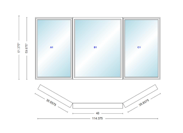 Andersen 400 Series Casement Bay Window Left-Stationary-Right 114 3/8" Wide Picture with Casement Flankers 30 Degree Angle Of Deflection Vinyl Exterior Wood Interior Low-E4 Dual Pane Argon Gas