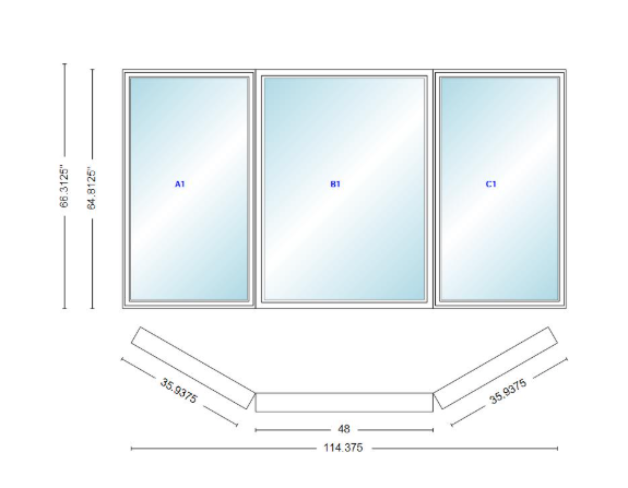 Andersen 400 Series Casement Bay Window Left-Stationary-Right 114 3/8" Wide Picture with Casement Flankers 30 Degree Angle Of Deflection Vinyl Exterior Wood Interior Low-E4 Dual Pane Argon Gas