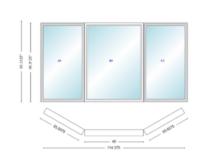 Andersen 400 Series Casement Bay Window Left-Stationary-Right 114 3/8" Wide Picture with Casement Flankers 30 Degree Angle Of Deflection Vinyl Exterior Wood Interior Low-E4 Dual Pane Argon Gas