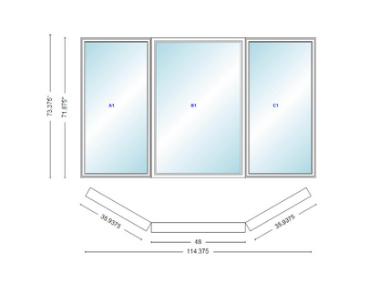 Andersen 400 Series Casement Bay Window Left-Stationary-Right 114 3/8" Wide Picture with Casement Flankers 30 Degree Angle Of Deflection Vinyl Exterior Wood Interior Low-E4 Dual Pane Argon Gas