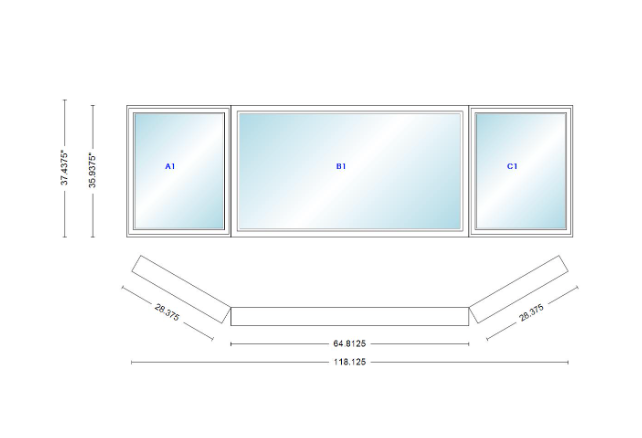 Andersen 400 Series Casement Bay Window Left-Stationary-Right 118 1/8" Wide Picture With Casement Flankers 30 Degree Angle Of Deflection Vinyl Exterior Wood Interior Low-E4 Dual Pane Argon Gas