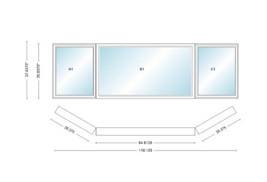 Andersen 400 Series Casement Bay Window Left-Stationary-Right 118 1/8" Wide Picture With Casement Flankers 30 Degree Angle Of Deflection Vinyl Exterior Wood Interior Low-E4 Dual Pane Argon Gas
