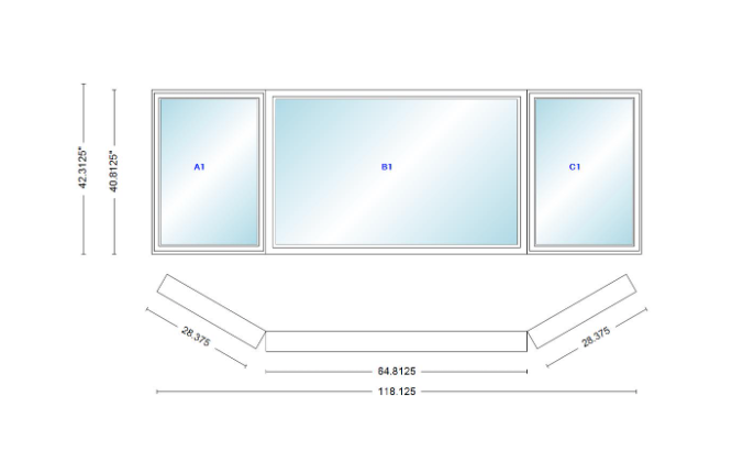 Andersen 400 Series Casement Bay Window Left-Stationary-Right 118 1/8" Wide Picture With Casement Flankers 30 Degree Angle Of Deflection Vinyl Exterior Wood Interior Low-E4 Dual Pane Argon Gas