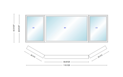 Andersen 400 Series Casement Bay Window Left-Stationary-Right 118 1/8" Wide Picture With Casement Flankers 30 Degree Angle Of Deflection Vinyl Exterior Wood Interior Low-E4 Dual Pane Argon Gas