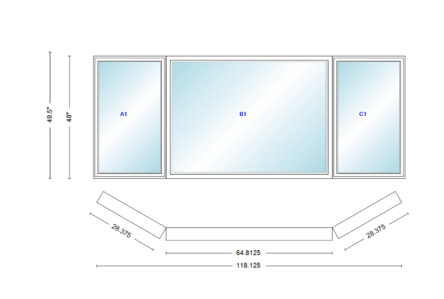 Andersen 400 Series Casement Bay Window Left-Stationary-Right 118 1/8" Wide Picture With Casement Flankers 30 Degree Angle Of Deflection Vinyl Exterior Wood Interior Low-E4 Dual Pane Argon Gas