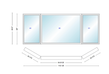 Andersen 400 Series Casement Bay Window Left-Stationary-Right 118 1/8" Wide Picture With Casement Flankers 30 Degree Angle Of Deflection Vinyl Exterior Wood Interior Low-E4 Dual Pane Argon Gas