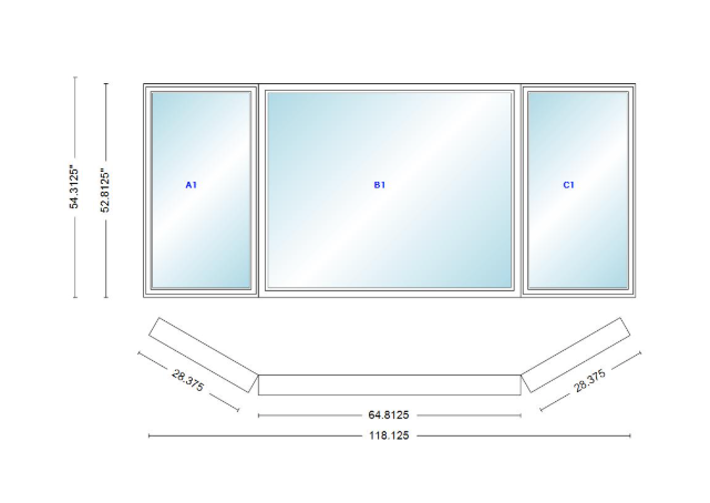 Andersen 400 Series Casement Bay Window Left-Stationary-Right 118 1/8" Wide Picture With Casement Flankers 30 Degree Angle Of Deflection Vinyl Exterior Wood Interior Low-E4 Dual Pane Argon Gas