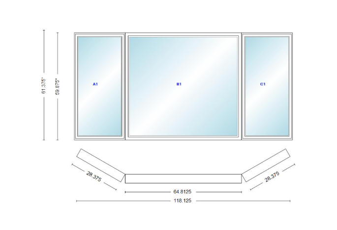 Andersen 400 Series Casement Bay Window Left-Stationary-Right 118 1/8" Wide Picture With Casement Flankers 30 Degree Angle Of Deflection Vinyl Exterior Wood Interior Low-E4 Dual Pane Argon Gas