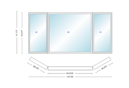 Andersen 400 Series Casement Bay Window Left-Stationary-Right 118 1/8" Wide Picture With Casement Flankers 30 Degree Angle Of Deflection Vinyl Exterior Wood Interior Low-E4 Dual Pane Argon Gas