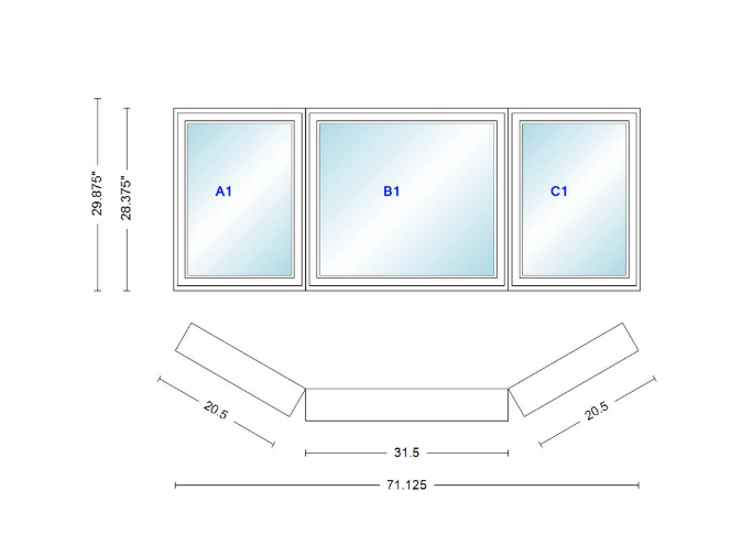 Andersen 400 Series Casement Bay Window Left-Stationary-Right 71 1/8" Wide Casement With Casement Flankers 30 Degree Angle Of Deflection Vinyl Exterior Wood Interior Low-E4 Dual Pane Argon Gas