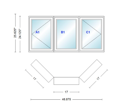 Andersen 400 Series Casement Bay Window Left-Stationary-Right 46 7/8" Wide Casement With Casement Flankers 45 Degree Angle Of Deflection Vinyl Exterior Wood Interior Low-E4 Dual Pane Argon Gas