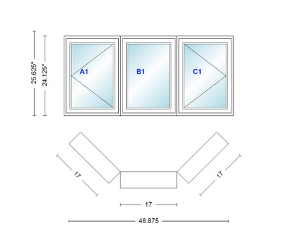 Andersen 400 Series Casement Bay Window Left-Stationary-Right 46 7/8" Wide Casement With Casement Flankers 45 Degree Angle Of Deflection Vinyl Exterior Wood Interior Low-E4 Dual Pane Argon Gas