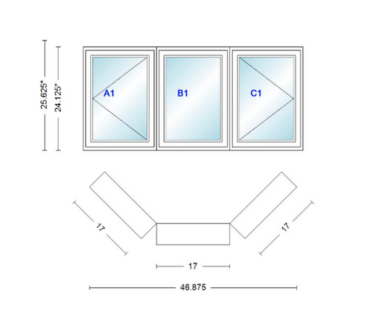 Andersen 400 Series Casement Bay Window Left-Stationary-Right 46 7/8" Wide Casement With Casement Flankers 45 Degree Angle Of Deflection Vinyl Exterior Wood Interior Low-E4 Dual Pane Argon Gas