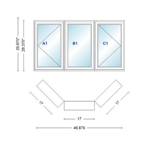 Andersen 400 Series Casement Bay Window Left-Stationary-Right 46 7/8" Wide Casement With Casement Flankers 45 Degree Angle Of Deflection Vinyl Exterior Wood Interior Low-E4 Dual Pane Argon Gas